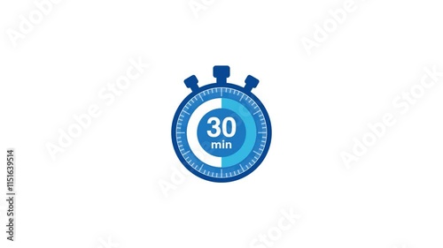 The 30 minutes timer, thirty minutes stopwatch icon. Stopwatch icon in flat style. Motion graphics.