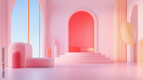 Interior features soft pink furniture and architectural elements in a tranquil space