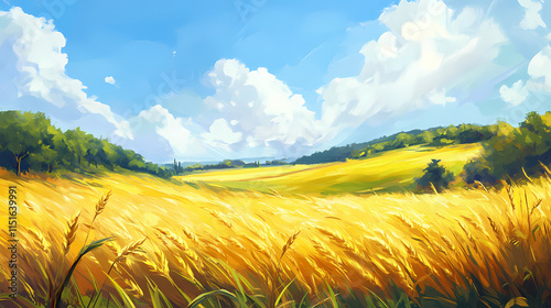 Golden wheat fields ripple gently in the warm summer breeze on a sunny day. zephyr. illustration. Zephyrous. Illustration photo