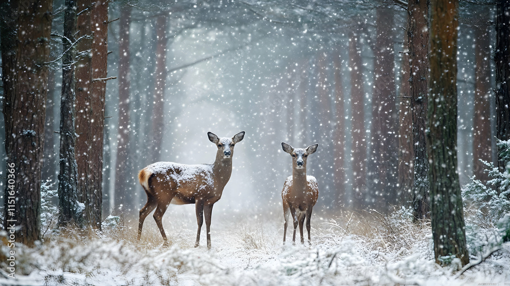 Two Deer in Snowy Winter Forest: A Serene Nature Scene Two Deer in Snowy Winter Forest: A Serene Nature Scene