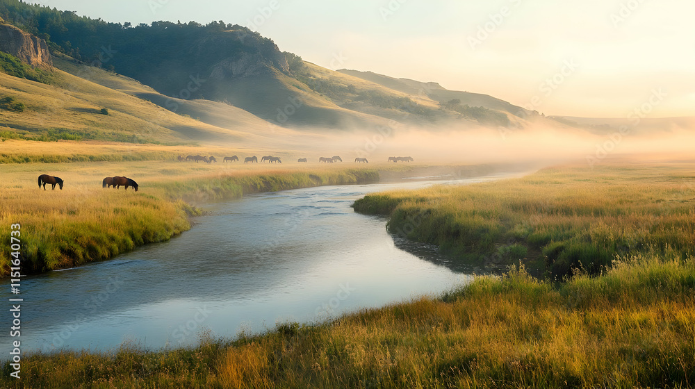 Majestic Sunrise over River Valley with Wild Horses Majestic Sunrise over River Valley with Wild Horses