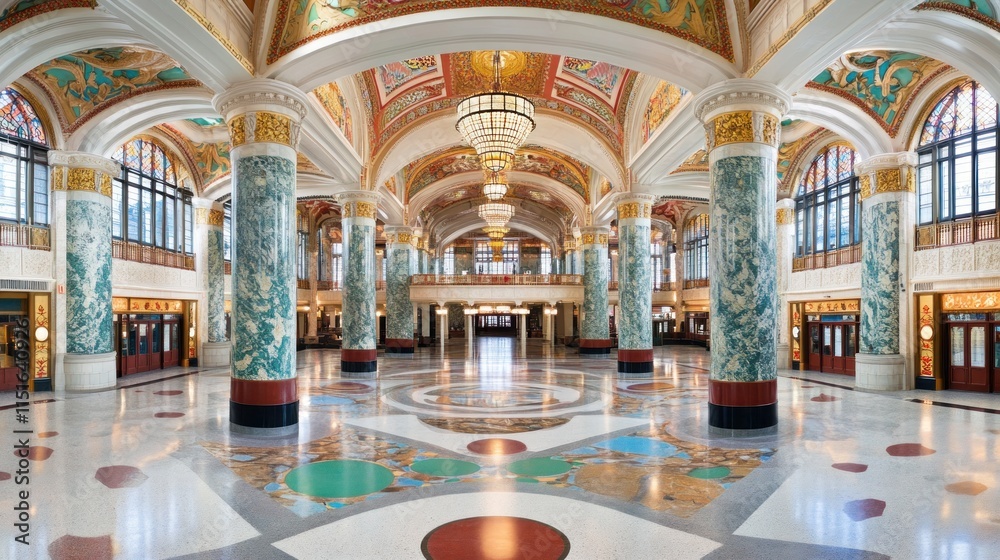 Obraz premium Grand hall interior with ornate columns, high ceilings, and marble floors.