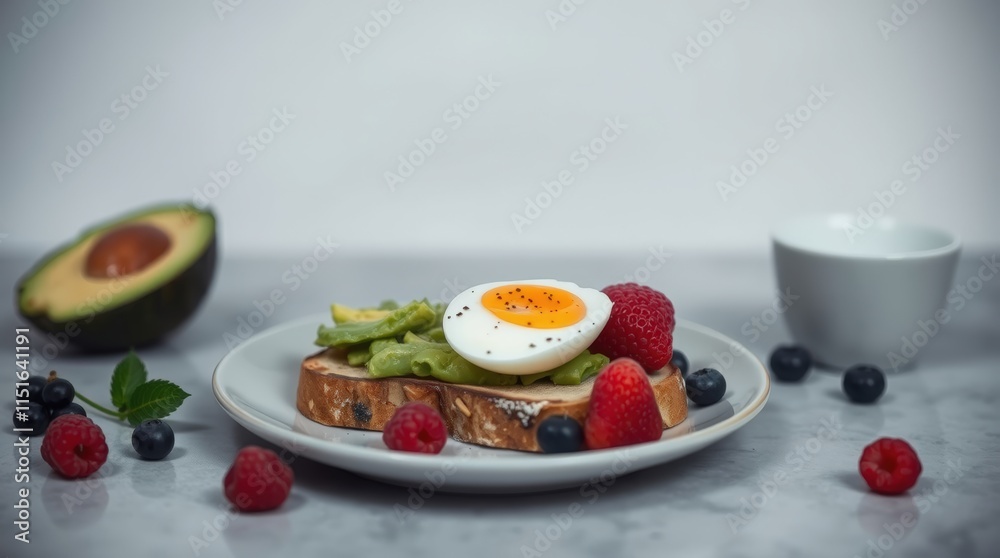 A vibrant breakfast toast topped with avocado slices, a sunny-side-up egg, blueberries, and strawberries, served on a white plate A vibrant breakfast toast topped with avocado slices, a sunny-side-up egg, blueberries, and strawberries, served on a white plate