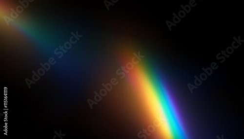 A Prism Rainbow Light on dark Background Overlay. Crystal flare abstract effect. Holographic sunlight reflection wallpaper, colorful glare bokeh.