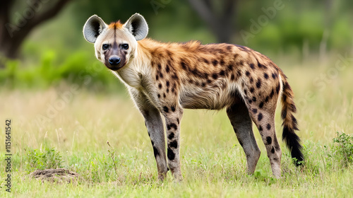 A hyena hunting in beautiful nature Africa, dog like animal, sunny photo