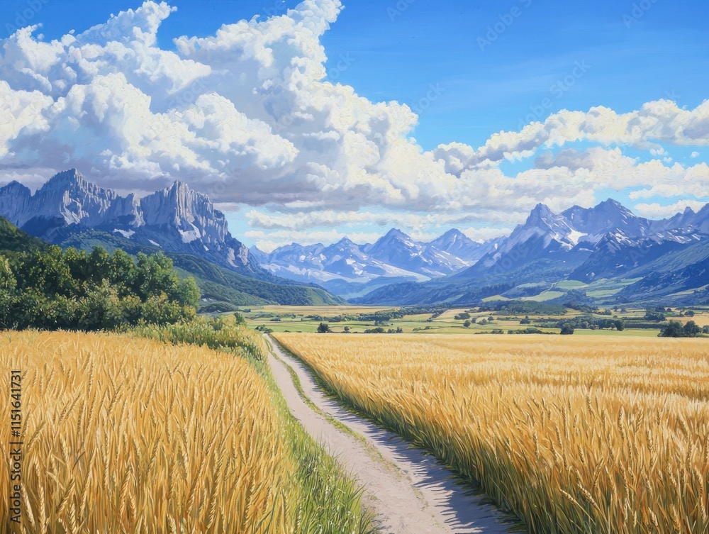 Fototapeta premium Breathtaking wheat field landscape distant mountains nature photography sunny day clear sky fluffy clouds