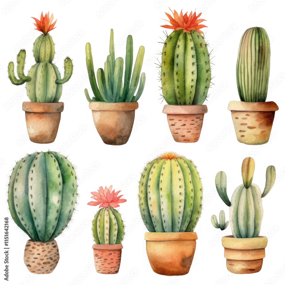 Fototapeta premium A watercolor illustration showcases three different sizes of columnar cacti, highlighting their unique textures and shapes.
