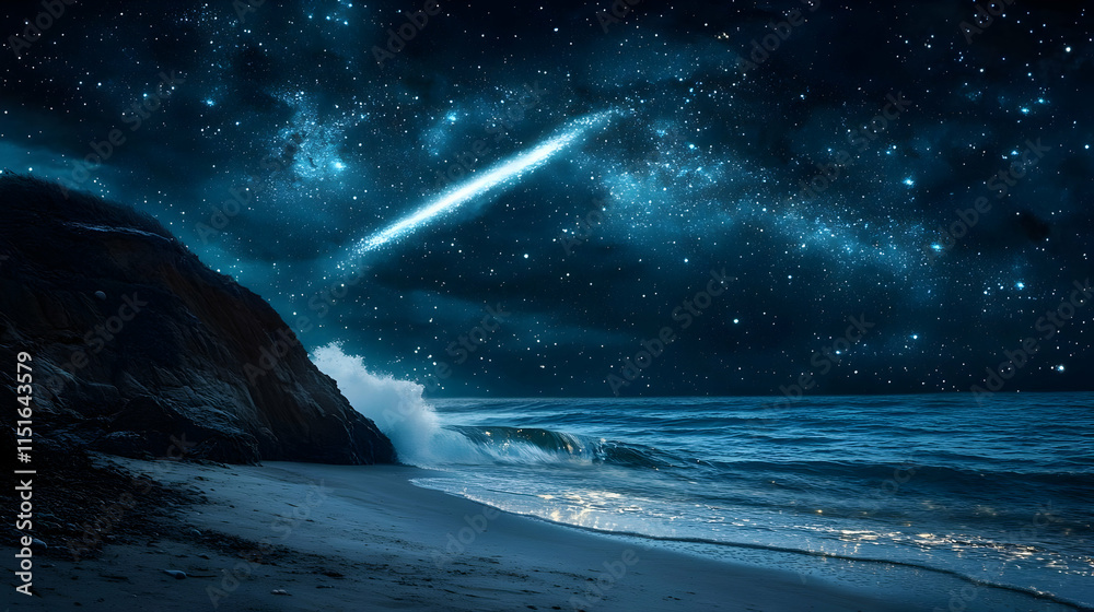 Naklejka premium Starry Night Seascape: Comet over Ocean Beach
