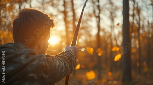 Archer aiming at sunset in a forest setting.