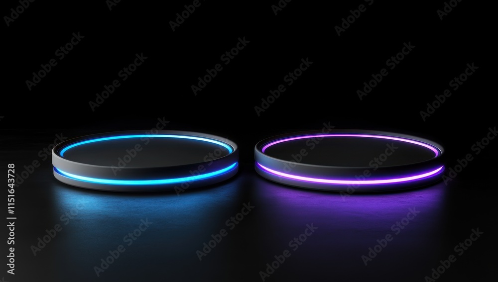 Futuristic Neon Platforms: Abstract 3D Render of Two Circular Stages with Glowing Blue and Purple LED Lights in Dark Setting Futuristic Neon Platforms: Abstract 3D Render of Two Circular Stages with Glowing Blue and Purple LED Lights in Dark Setting