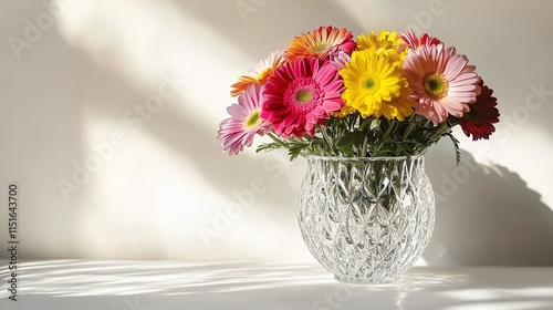 Wallpaper Mural decorative crystal vase filled with vibrant spring flowers displayed on smooth white surface under soft natural light Torontodigital.ca