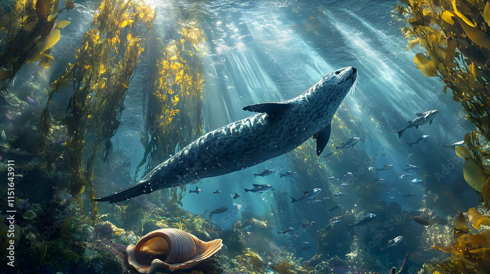 Fototapeta premium Majestic Harbor Seal in Kelp Forest: Underwater Wildlife Photography