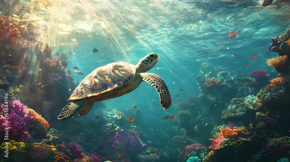 Fototapeta premium Majestic Sea Turtle in Vibrant Coral Reef