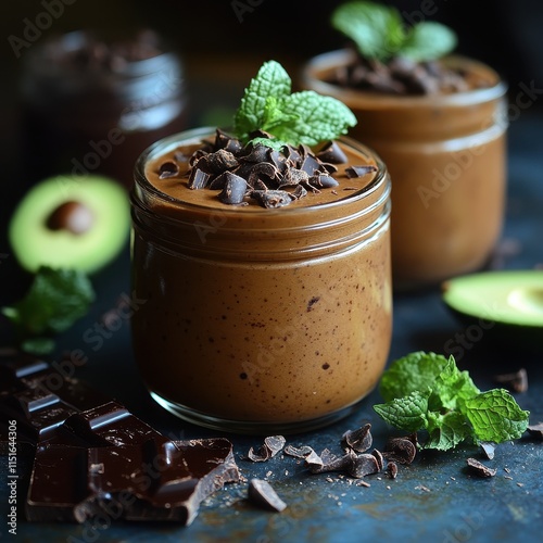 Avocado chocolate mousse served in small glass jars with a sprinkle of cacao nibs photo