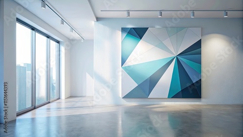 Modern minimalist interior featuring a large abstract geometric artwork on a wall