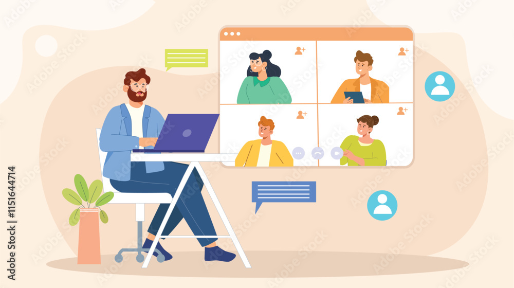 An illustration depicting an interactive video call concept, featuring two people engaging in a video call through a digital interface. An illustration depicting an interactive video call concept, featuring two people engaging in a video call through a digital interface.