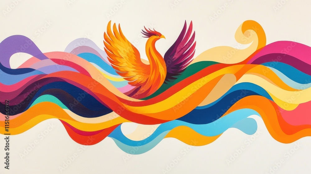 Fototapeta premium Vibrant phoenix rising amidst colorful waves of paint.