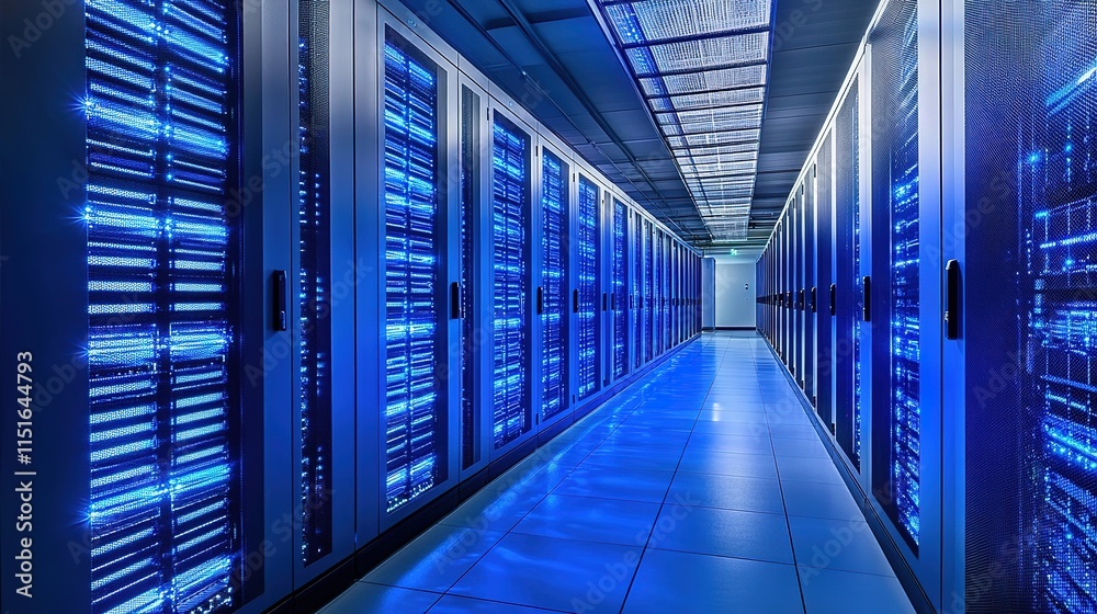 Fototapeta premium modern data center corridor with glowing blue server racks extending into distance