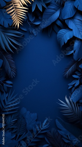 a dark blue background with tropical leaves