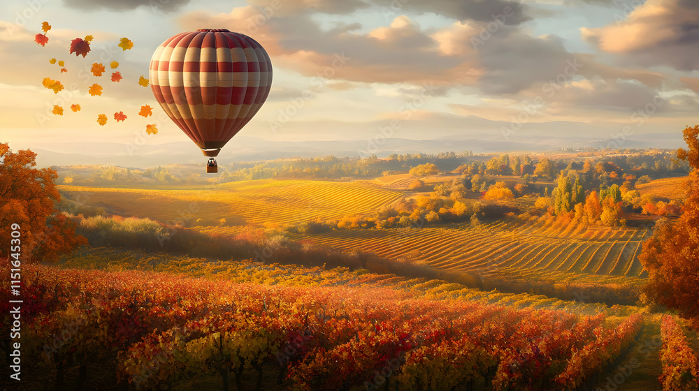 Fototapeta premium Hot Air Balloon Ride over Autumn Vineyard at Sunrise