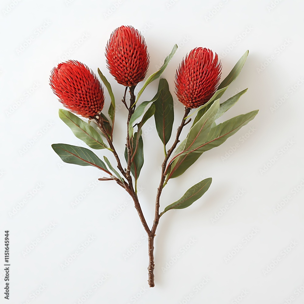 Three red artificial flowers with green leaves on a white background. Three red artificial flowers with green leaves on a white background.