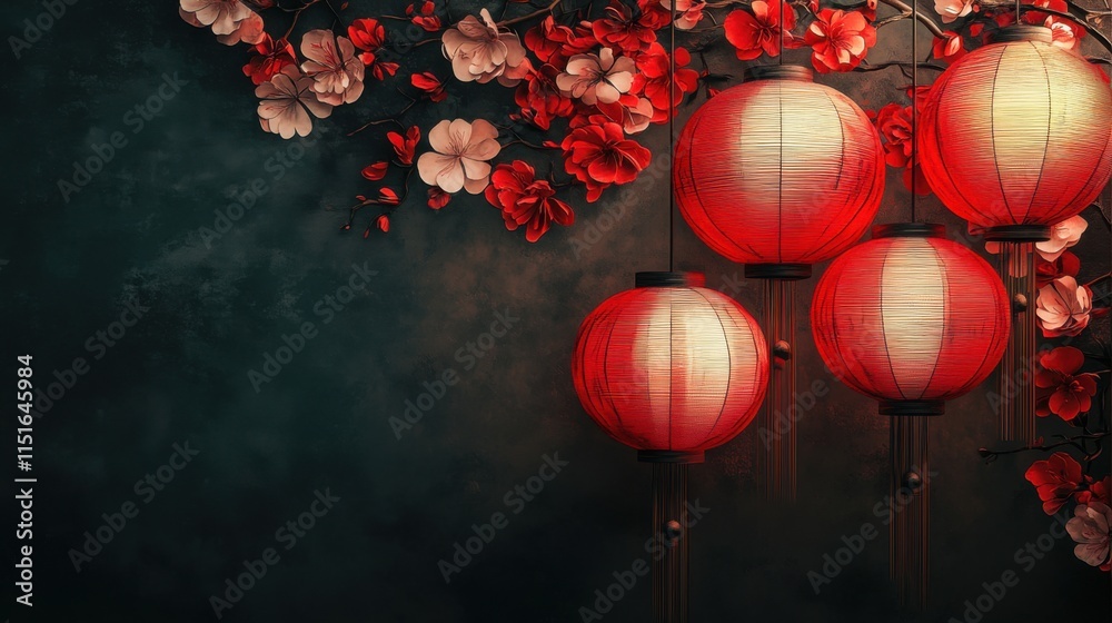 Fototapeta premium Digital Airbrushed Red Lanterns and Flowers: A China Punk Aesthetic