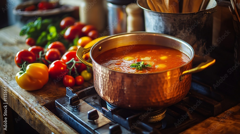 A rustic farmhouse kitchen scene with tomato soup simmering in a copper pot on a wooden stove, surrounded by heirloom tomatoes A rustic farmhouse kitchen scene with tomato soup simmering in a copper pot on a wooden stove, surrounded by heirloom tomatoes