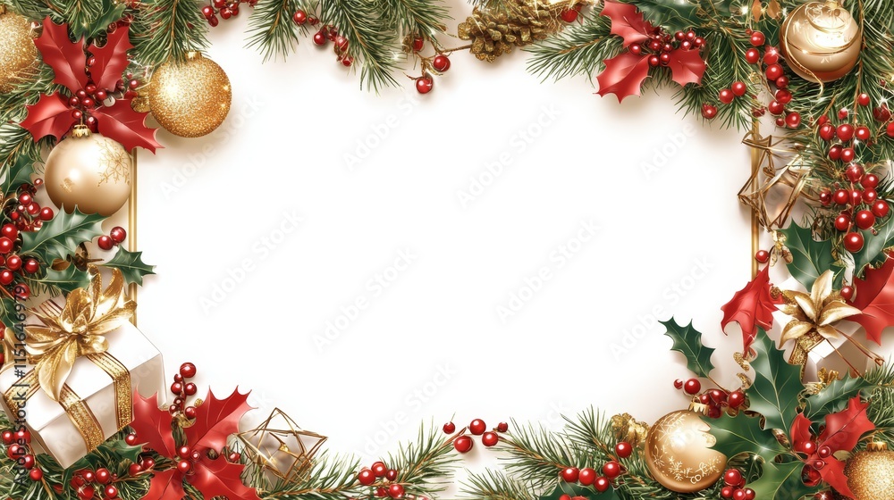 Elegant Christmas Border Design Festive Holiday Decoration with Ornaments, Gifts, and Holly
