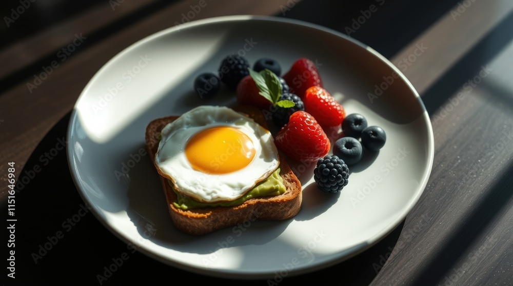 A vibrant breakfast toast topped with avocado slices, a sunny-side-up egg, blueberries, and strawberries, served on a white plate A vibrant breakfast toast topped with avocado slices, a sunny-side-up egg, blueberries, and strawberries, served on a white plate