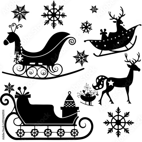 Santa's Sleigh Silhouette Set: Classic, Reindeer, Gift-Laden, Candy Cane, and Modern Sleigh Designs – Black and White Vector Illustration