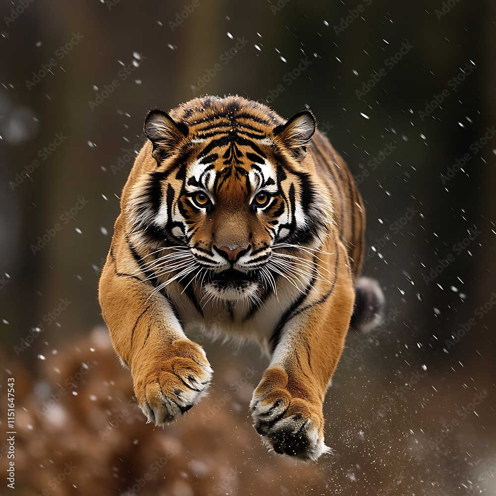 Fototapeta premium Majestic Tiger Prowling Mid-Flight Through a Snowy Landscape, Capturing Every Detail of Its Powerful Movement and Intense Focus