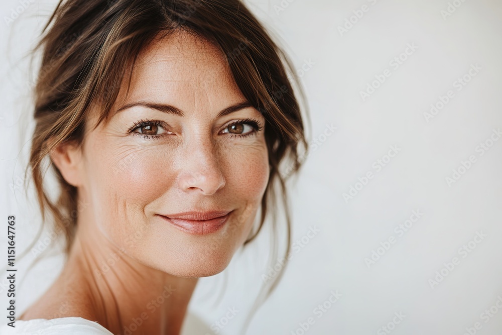 Naklejka premium close-up of woman in her 30s with soft smile and confident pose against softly blurred white background