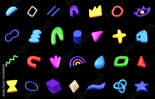 3D vector set of different abstract bright doodle shapes on a black background. Variety of decorative multicolored bright design elements. Set in 3d plastic style
