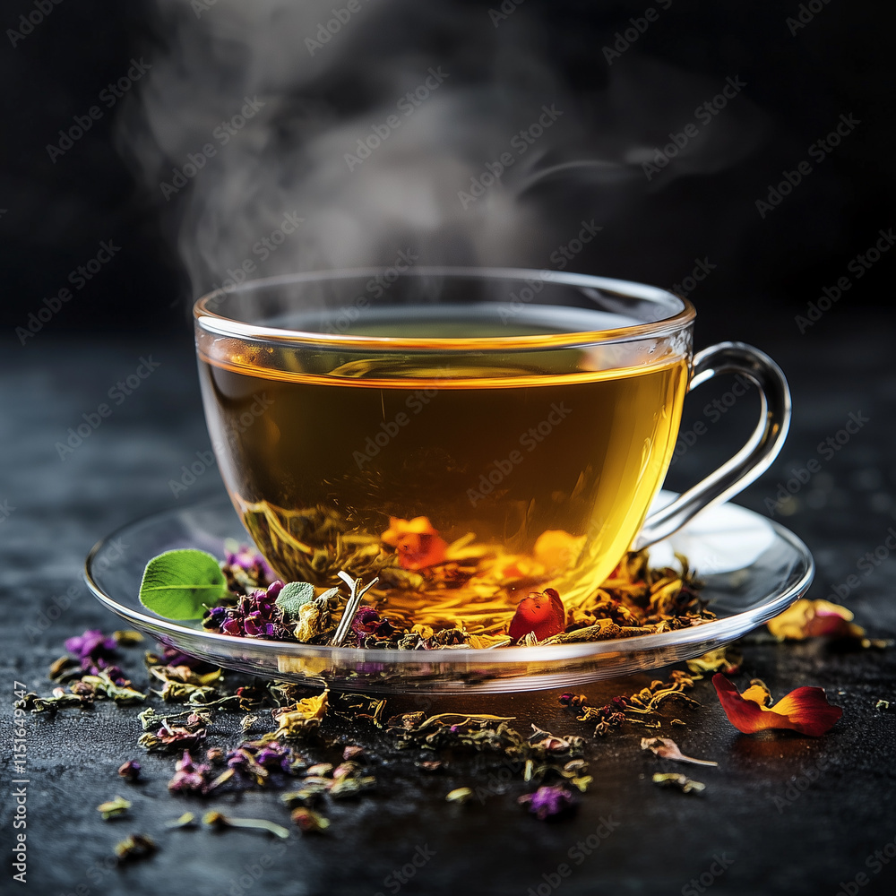 Steaming Herbal Tea in Glass Cup with Dried Floral Ingredients 
