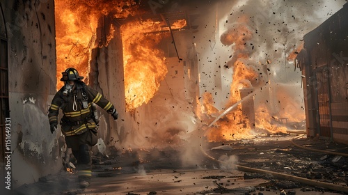 Brave Firefighter Battling Intense Blaze in Ruined Building