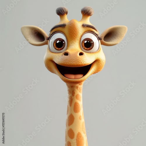 Adorable cartoon giraffe portrait, happy expression, large eyes, close-up. photo