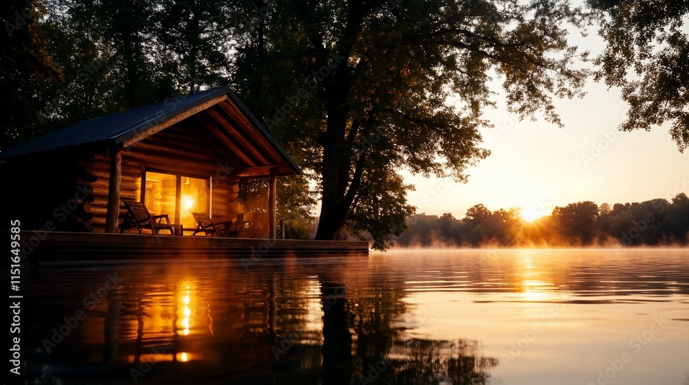 Obraz premium Tranquil lakeside cabin at sunset.