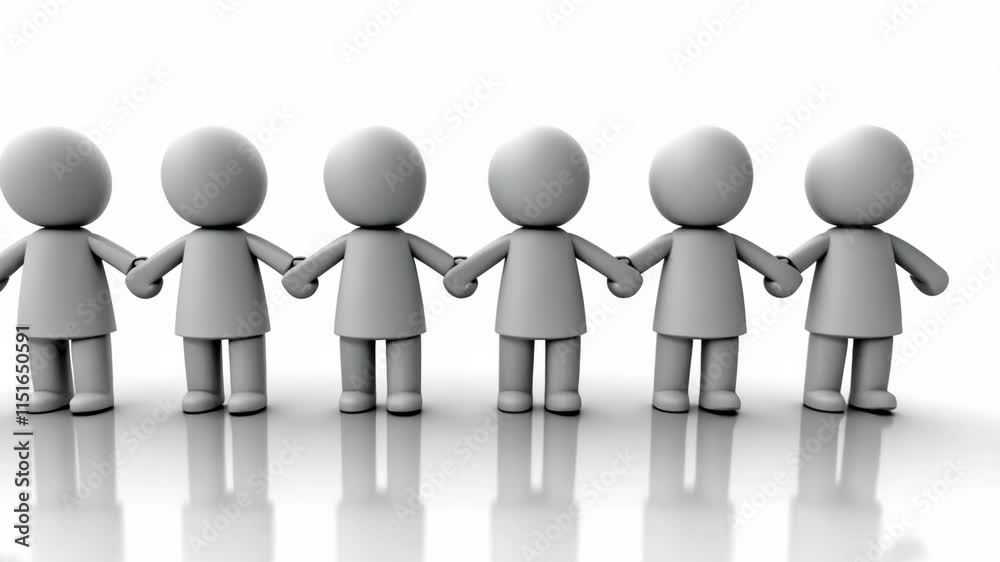 Group of stylized figures holding hands in unity on a reflective surface during daylight Group of stylized figures holding hands in unity on a reflective surface during daylight
