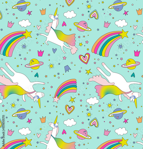 patron de unicornios con arcoiris en fondo  verde pastel