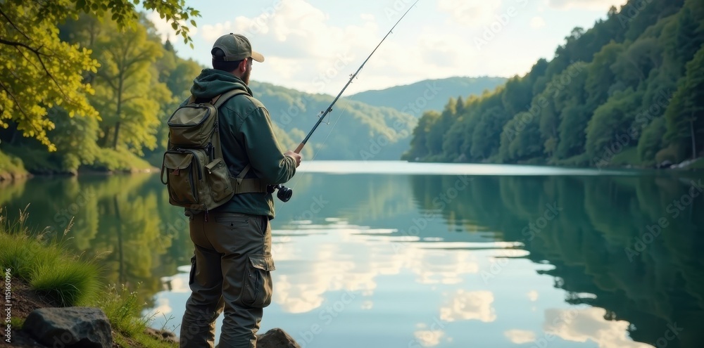 Angler standing beside calm lake waters with fishing rod and reel, waiting for a bite, lake, serene Angler standing beside calm lake waters with fishing rod and reel, waiting for a bite, lake, serene