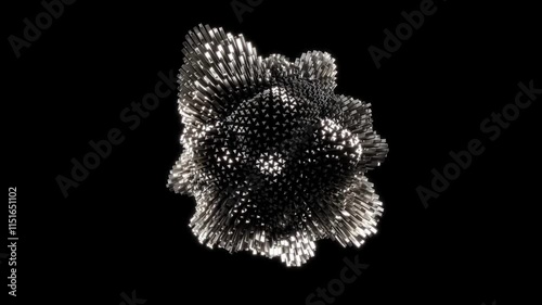 Technological sphere with precise column extrusions moving in wave pattern. Monochrome visualization represents data structure or particle simulation, combining scientific accuracy with modern design