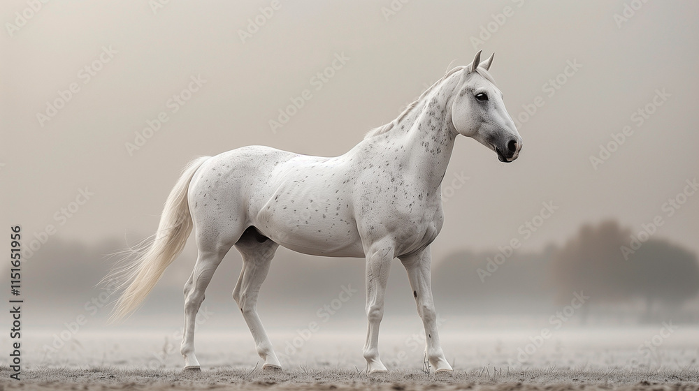 Fototapeta premium Stunning white horse walking gracefully in a foggy meadow, symbolizing purity, beauty, and freedom in a serene natural setting.
