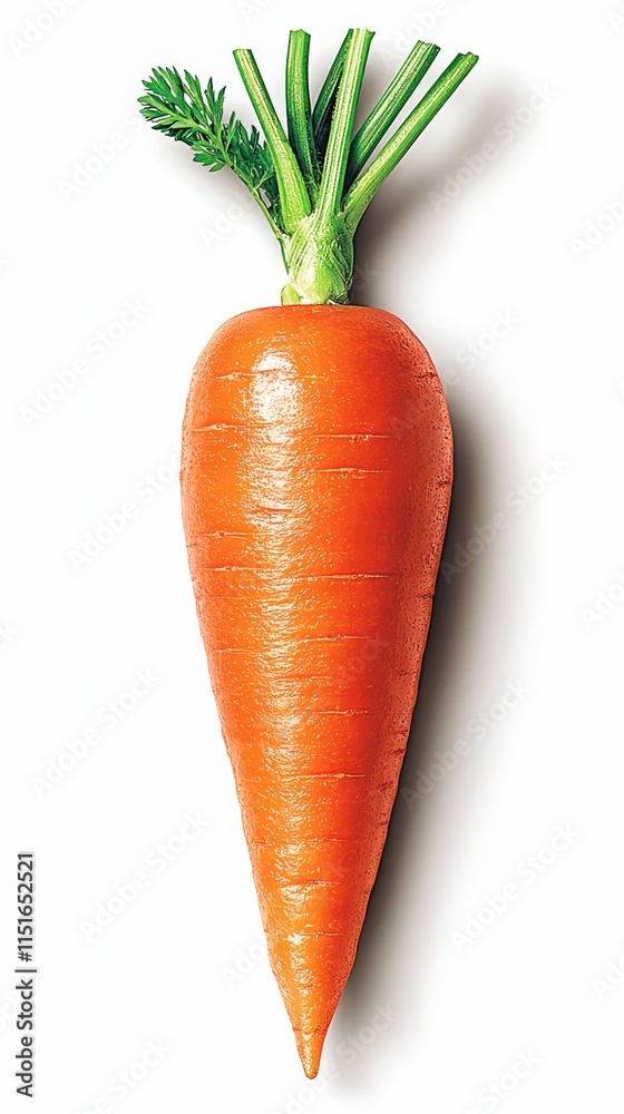 A single carrot with green leaves on a white background A single carrot with green leaves on a white background