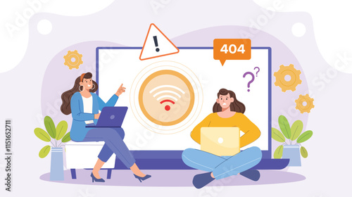 An illustration depicting connectivity issues and Error 404 troubleshooting, featuring a user encountering an "Error 404: Page Not Found" message on a screen