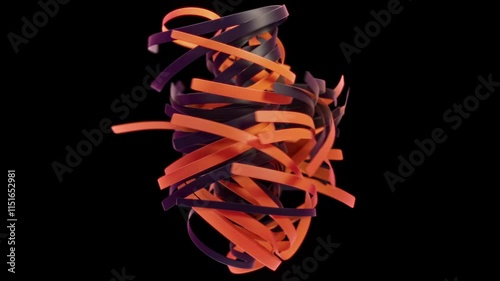 Horizontal orange and purple stripes transform from ordered pattern into dynamic twisted structure. Bands fold, spiral, and interweave, creating abstract geometric animation that evolves from