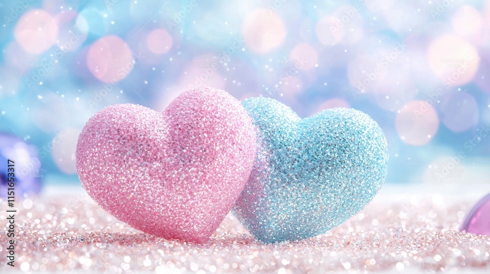 Obraz premium Sparkling Pink Blue Hearts Glitter Background Romantic Love
