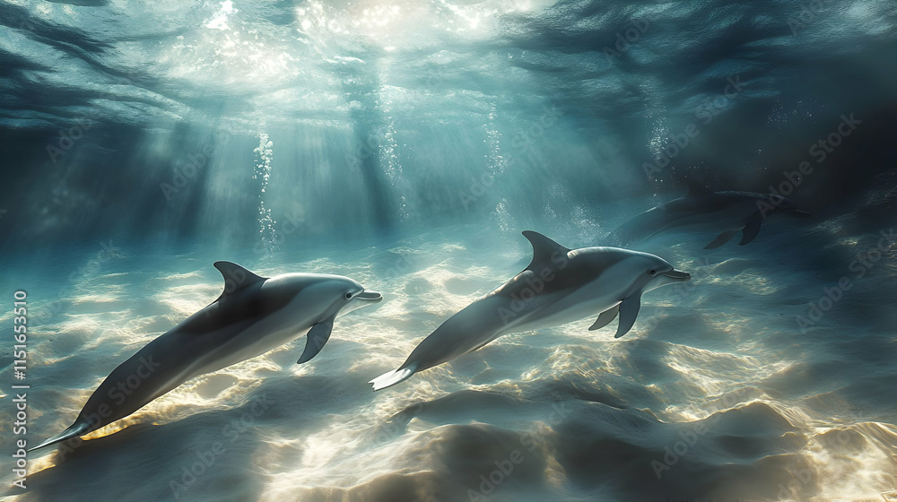 Fototapeta premium Majestic Dolphins Underwater: A Serene Ocean Scene
