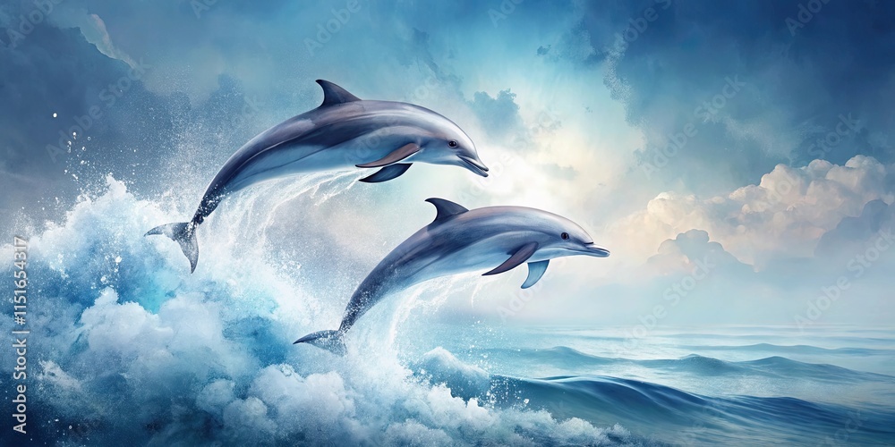 Fototapeta premium Two dolphins leap playfully above ocean waves, a breathtaking spectacle of nature's aquatic acrobats under a vibrant sky.