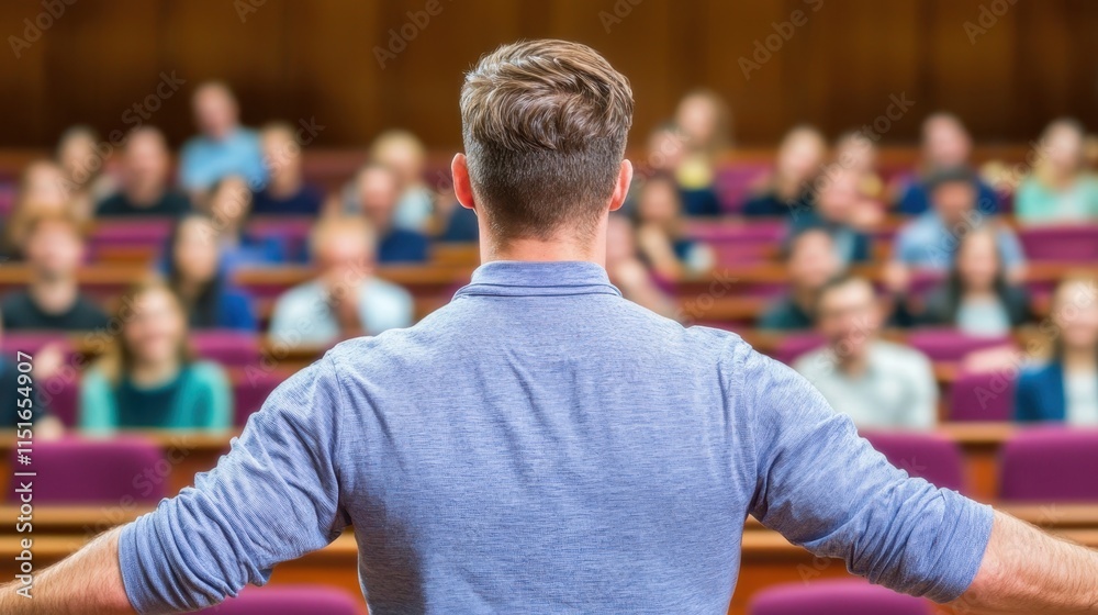 Fototapeta premium Speaker addressing large audience conference seminar presentation education training lecture back