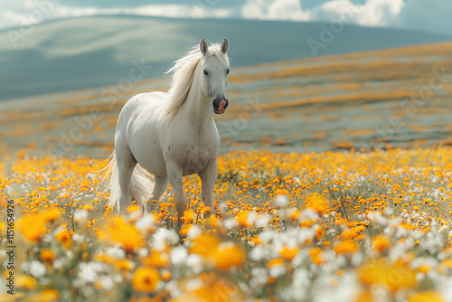 Wallpaper Mural Cheerful white horse grazing in a sunny meadow filled with yellow flowers, showcasing a serene and idyllic rural landscape. Torontodigital.ca